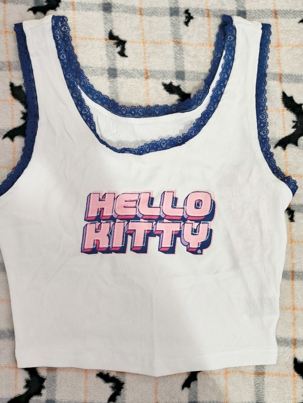 Hello Kitty White Tank with Pink Logo and Blue Lace Trim
